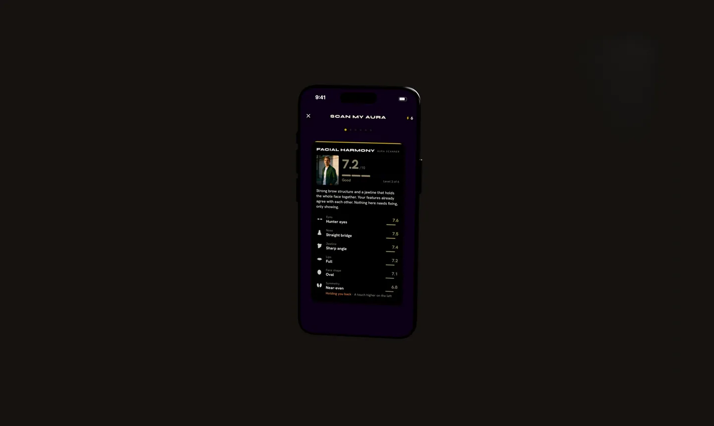 Aura Scanner on an iPhone, showing a Facial Harmony reading of 7.2.