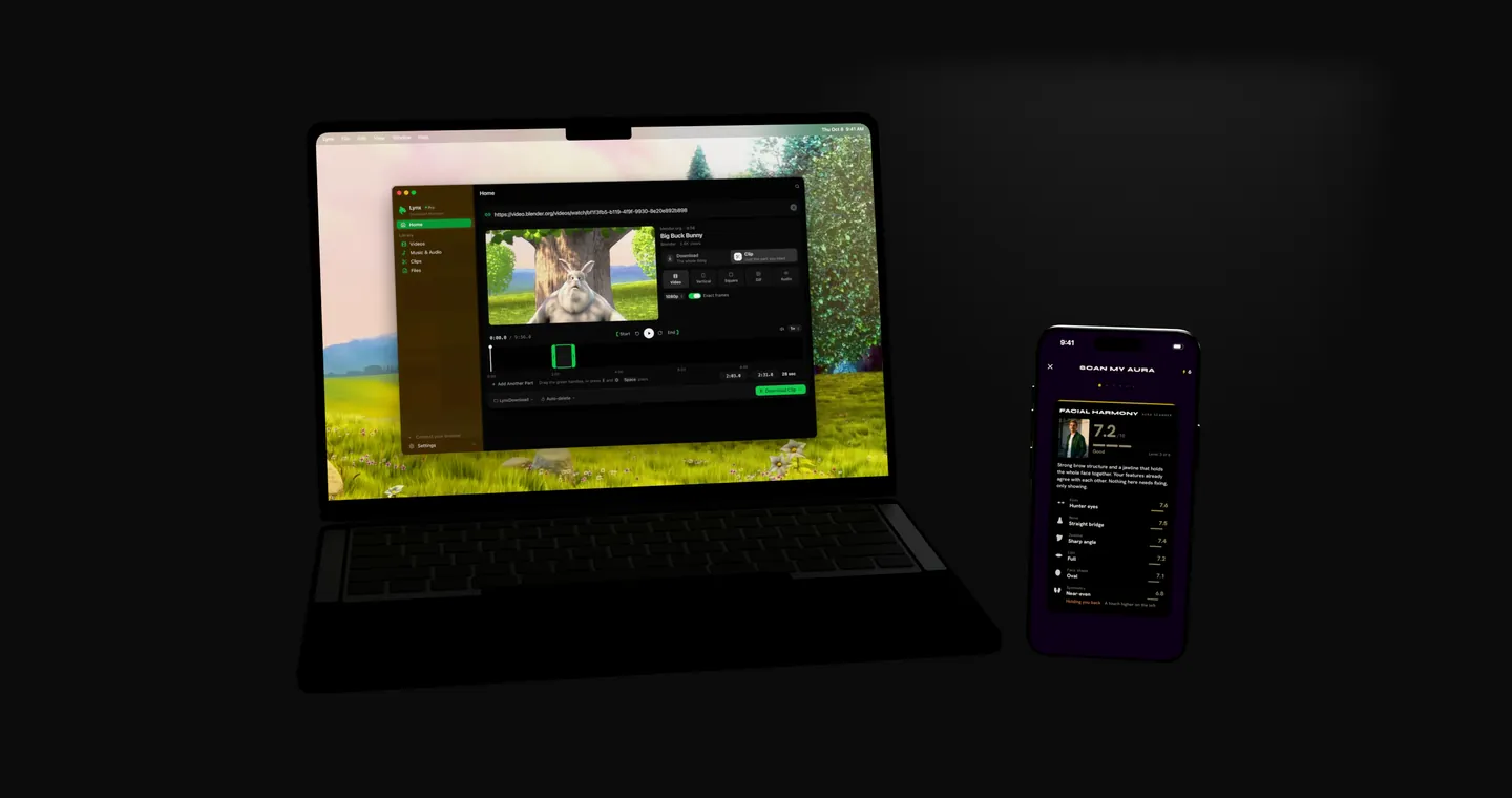 Lynx on a MacBook Pro, cutting a clip from a long video, next to an iPhone showing an Aura Scanner reading.